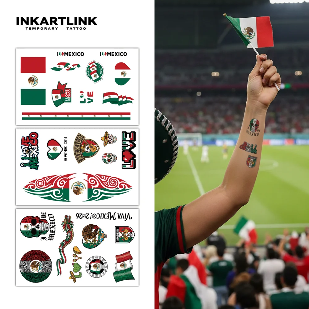 INKARTLINK 1 Set of 3 PCS MEXICO Flag Series Temporary Waterproof Tattoo Stickers, Color Lasts 2-5 Days
