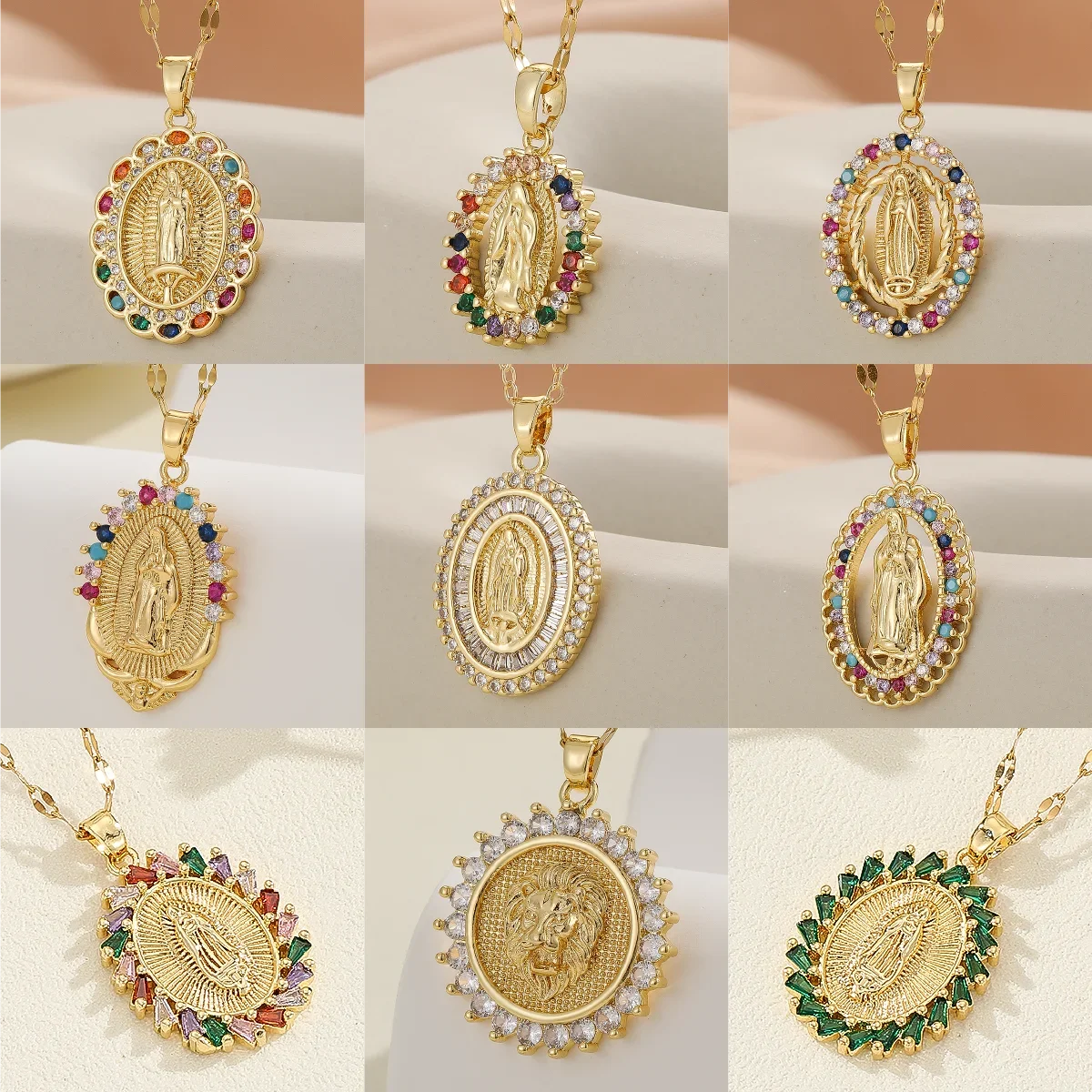 Luxury Gold Plated Multicolor CZ Pendant Necklace, Elegant Vintage Charm Jewelry Gift for Women