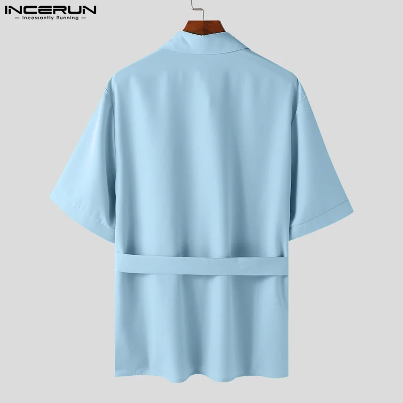 INCERUN Men Shirt Solid Lapel Short Sleeve Pockets Lace Up Men Clothing With Belt Streetwear 2024 Summer Fashion Casual Shirts