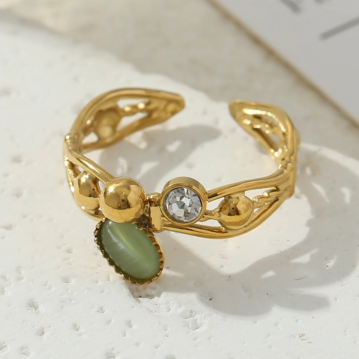 

Luxury Leaf Zircon Stainless Steel Rings For Women Girls Retro Engagement Wedding Natural Stone Opening Finger Ring Jewelry
