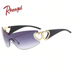 Rhaegal Y2K Punk Double Heart Gradient occhiali da sole senza montatura futuristico donna uomo occhiali da sole Outdoor Driving Party Eyewear 2024