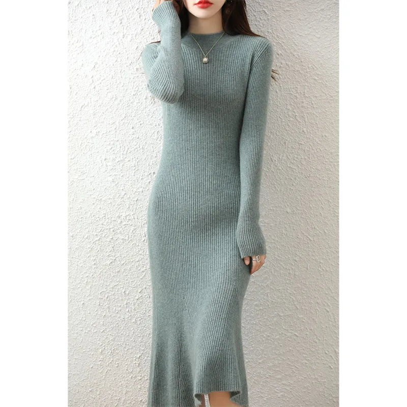 

Autumn Winter High Elasticity 100% Wool Thicken Sweater Dress Warm Basic Knit Pullover Women Slim Dress Female Casual Dresses