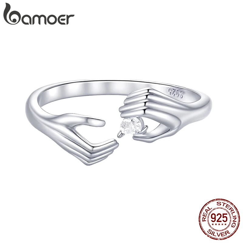 BAMOER 2025 Solid 925 Sterling Silver Hug Warmth and Love Hand Adjustable Ring for Women Party Jewelry, His Big Loving Hugs Ring