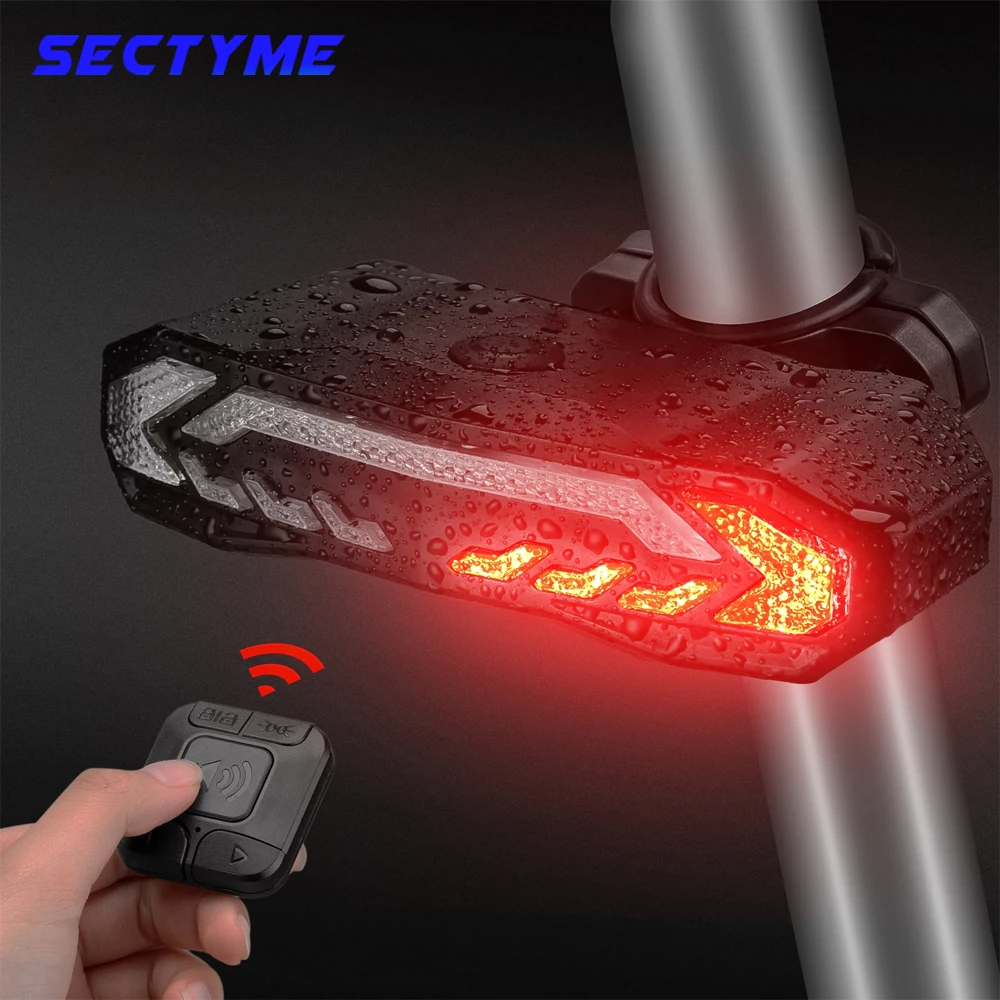 Sectyme bicicleta da motocicleta taillight alarme luz de freio sem fio à prova dwireless água controle remoto luz traseira com sinais volta chifre