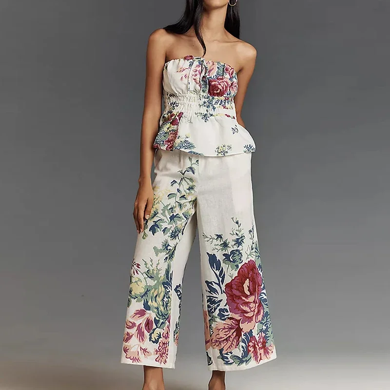 

LIBIELIY Sexy Strapless Top & Long Pants Outfits Women Elegant Floral Print Vacation Suit Summer Casual Sleeveless Pocket Party