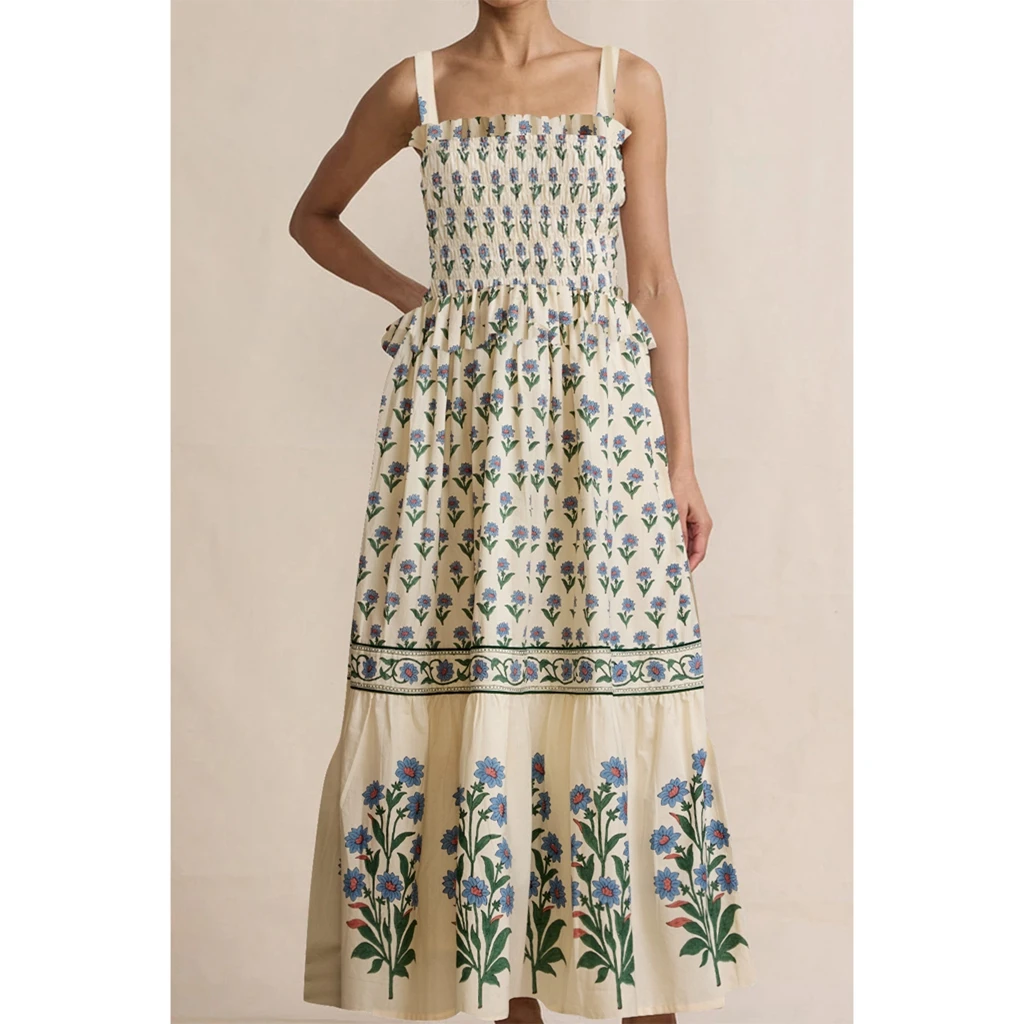 2025 New Collection Women Flower Print Long Dress Sleeveless Slim Fit Bodycon Tierred Dress Summer Fitted Dress Casual