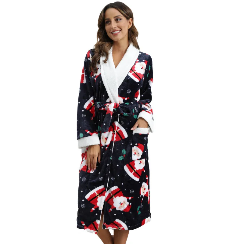 

Женский фланелевой халат с Санта-Клаусом и принтом, ночная рубашка для сна с рождественским узором, домашняя одежда