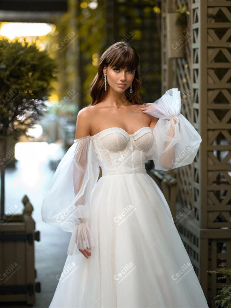 Graceful Wedding Dresses A-Line Tulle Tiered Bridal Gowns Sweetheart Off The Shoulder Puff Sleeves Robes Vestidos De Novia 2024