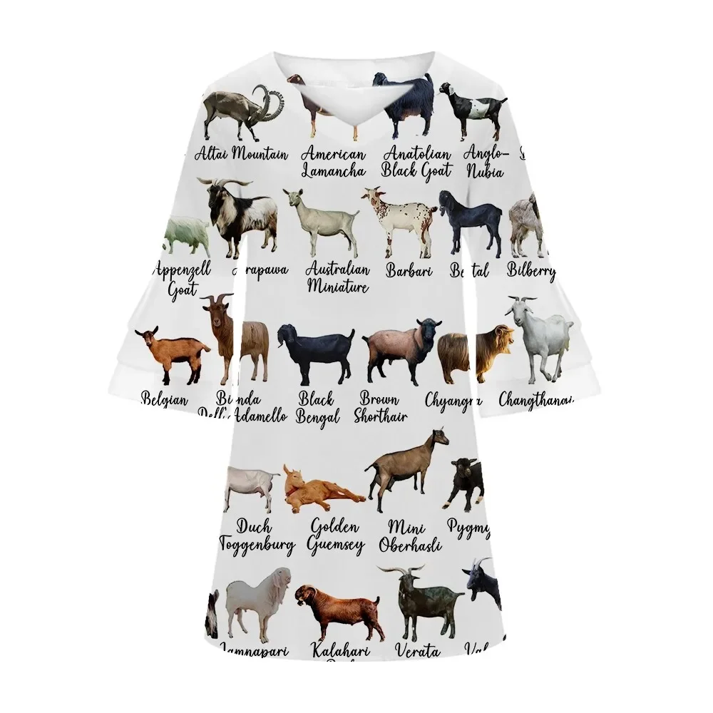 Jumeast Goat 3D Printed Women Casual Flared Sleeve V-Neck Dress Animal Pattern Elegant Brahman Skirt Tropical Style Clothing