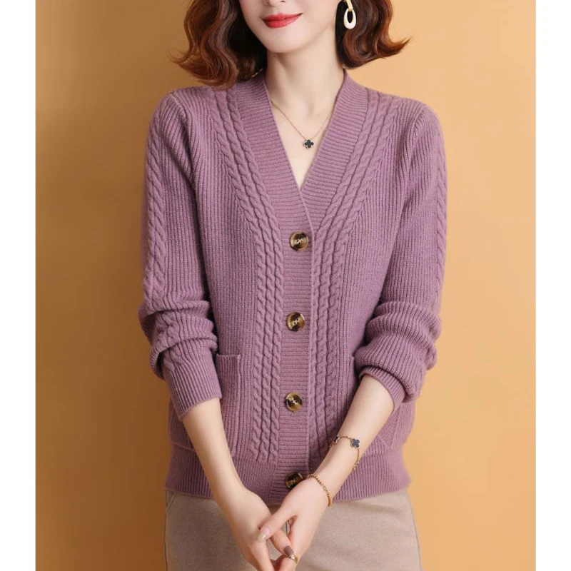 Women Vintage Simple Twistsed Pockets Single Breasted Knitted Cardigan 2024 Autumn Winter Casaul V Neck Long Sleeve Sweater Coat