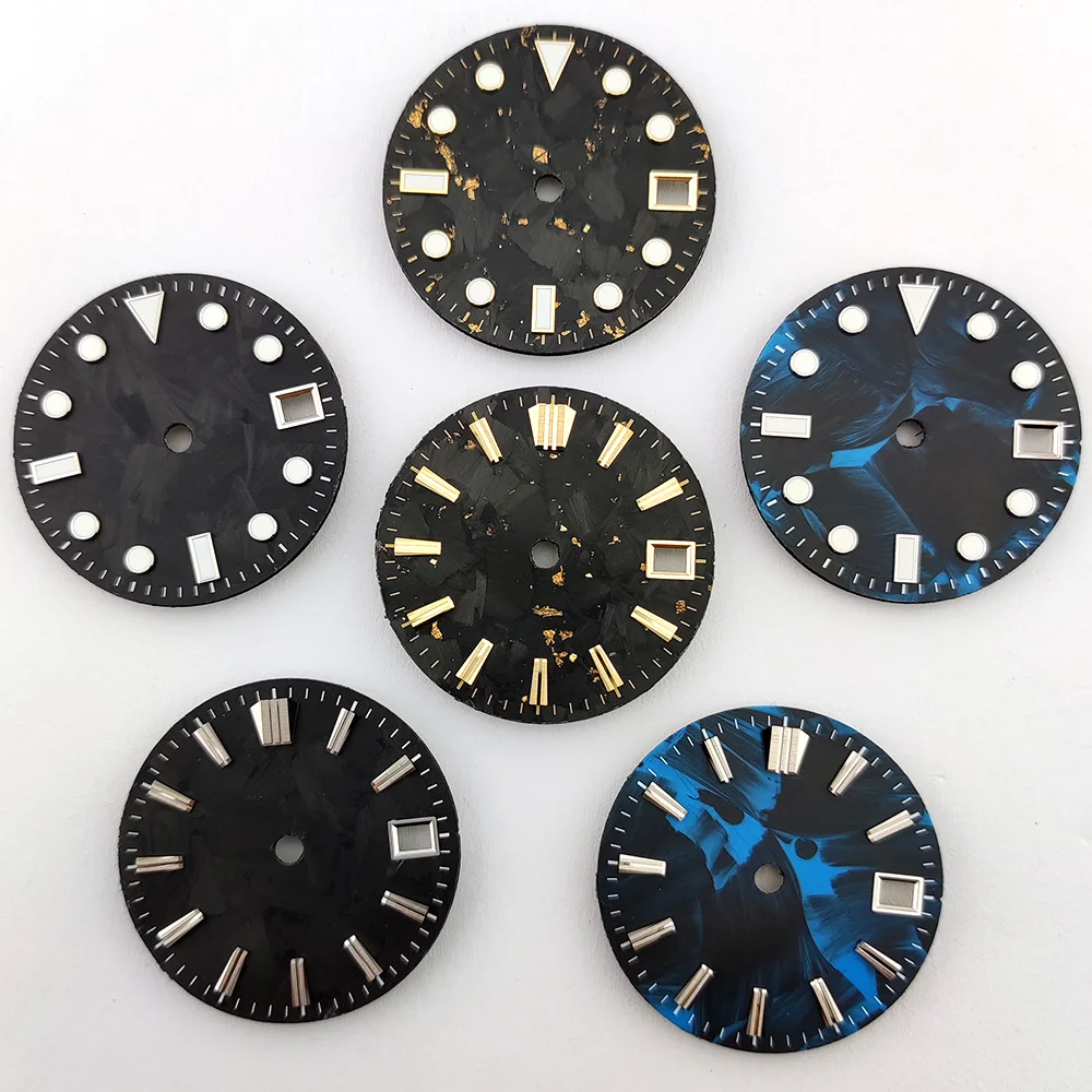 

Циферблат NH35, циферблат из углеродного волокна, аксессуары для мужских часов, подходит для механизмов NH34 и NH35, светящийся циферблат цвета ледяного синего, 28,5 мм.