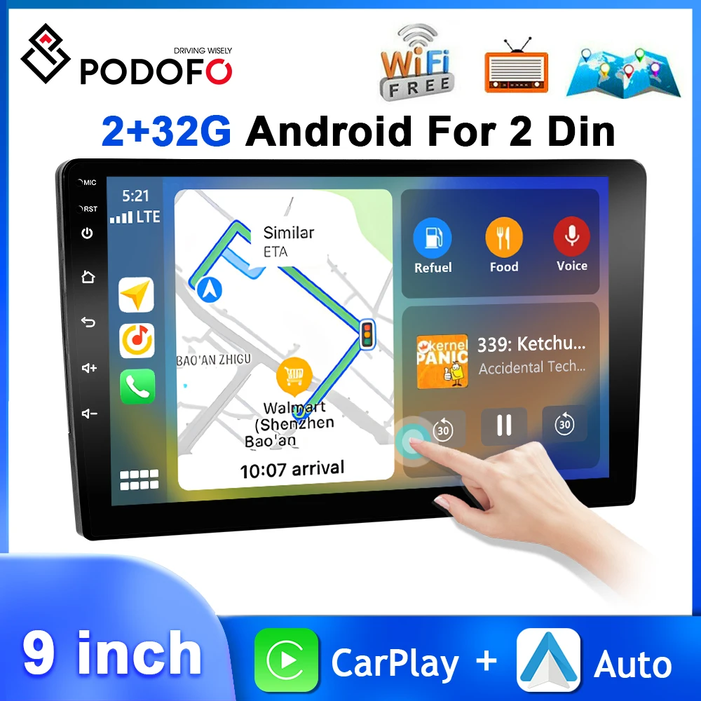 Podofo 2Din 9'' Car Stereo Universal 2+32G Multimedia Player WIFI GPS Navigation Carplay Android Auto HiFi Mirror Link Car Audio