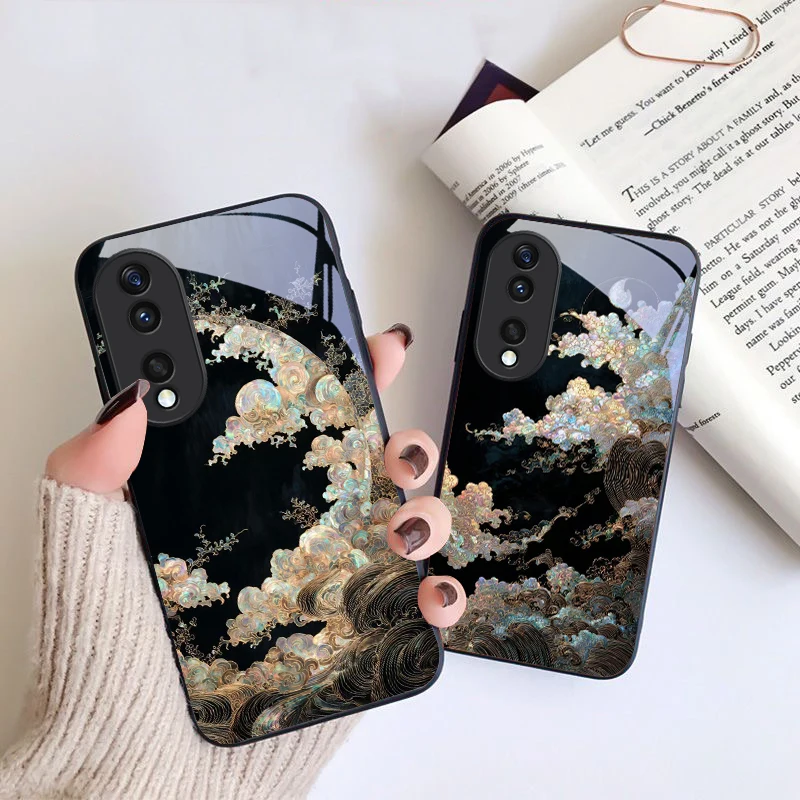 Golden waves and flowers For Honor X6 X9c X9 X6b X8a X8 X9b X5b Plus X8b 30 Pro+ 50 Pro 70 90 200 Lite Black Glass Phone Case