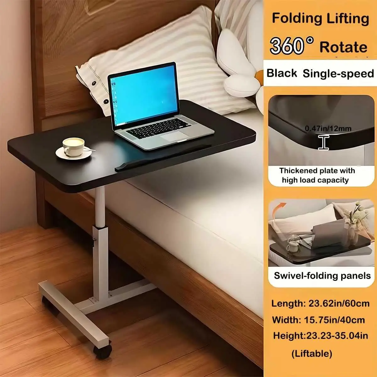 طاولة كمبيوتر محمول متنقلة بارتفاع قابل للتعديل مع 4 عجلات قابلة للقفل بجانب السرير لمحطة عمل الكمبيوتر المكتبي المنزلي #4