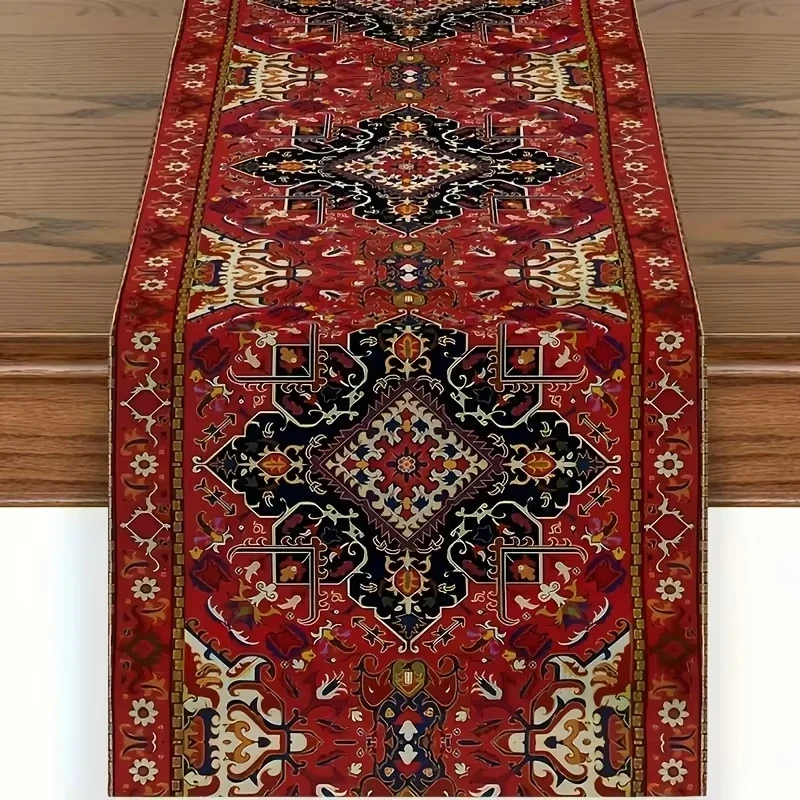 Vibrant Bohemian Table Runner | Rich Red Persian Antique Stripe Pattern | Rectangular Design for Wedding Celebrations