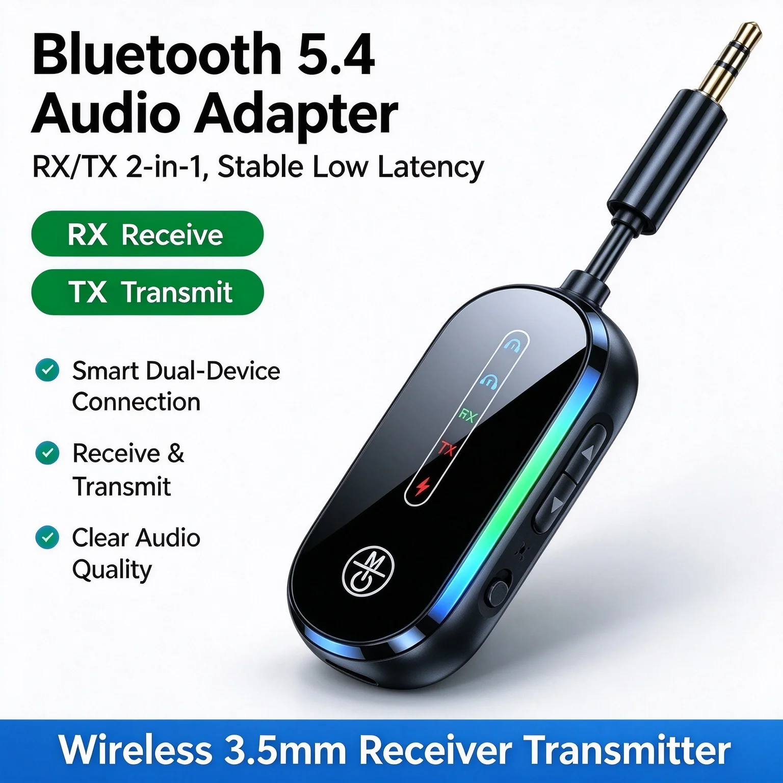 Bluetooth 5.4 Audio Adapter RX TX 2 in 1 Transmitter Receiver 3.5mm AUX Low Latency One to Two For TV Car Speaker Headphone Audi