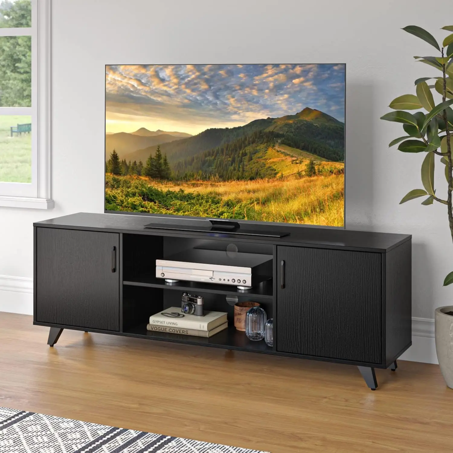 

TV Stand for TV up to 50 Inches, 2 Doors Entertainment Center with Open Shelves Storage, TV Console Unit for Living Room (Black)