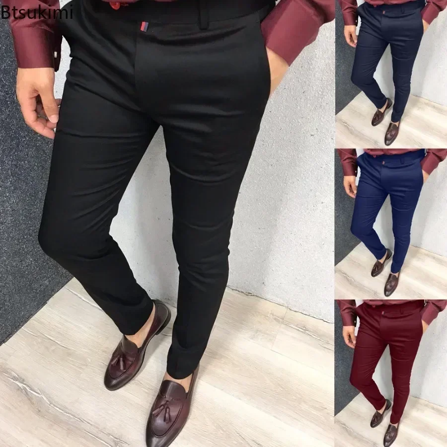 2026 Men's Fashion Casual Trousers Daily Business Formal Pants High Waist Slim Solid Versatile Small Feet Pants Male Four Season