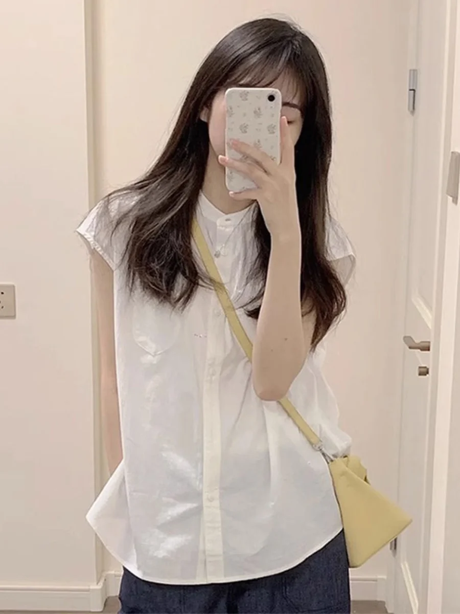 Ele White round Ne ort Sve irt Women's Summer Design Unique Small Fro irt Cotton Linen Blend Button up Top