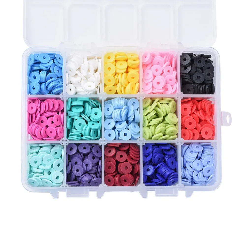 1box 15 colors Handmade Polymer Clay Beads Disc/Flat Round Heishi Beads Mixed color 8x0.5~1mm Hole: 2mm for Handmade Gift