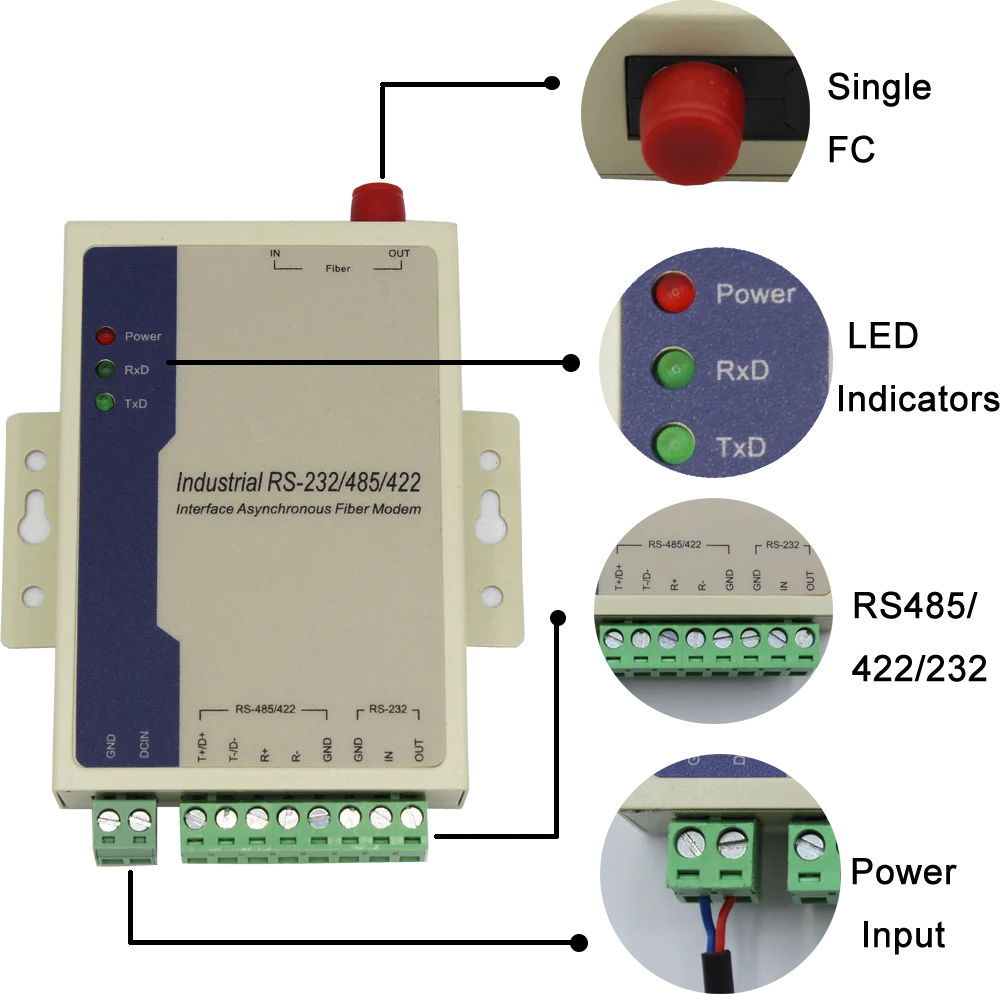 Industrial Compact RS-232/422/485 Serial to Fiber Converter Single Fiber SM SC Connector