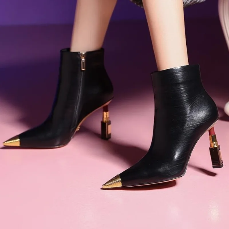 

Women's Stiletto Heel Leather Pointed Toe Ankle Boots2025winter New Style Classic Pure Luxury Metal Design Low-cut Women's Boots