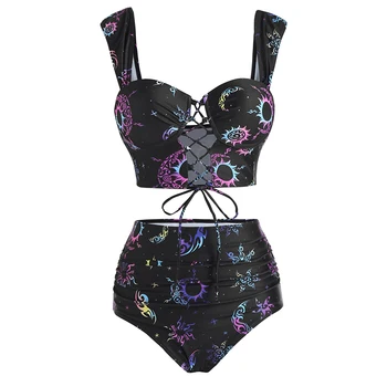 Dressfo Maillot de bain tankini vintage pour femme imprimé soleil lune à lacets découpé froncé taille haute bas push up à armatures maillots de bain