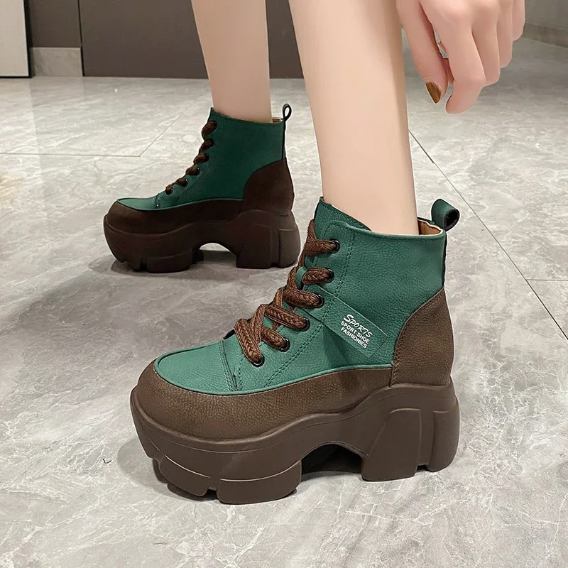 Botas curtas retrô de plataforma feminina, botas casuais com tudo que combina, top alto, novas, primavera e outono, 2022