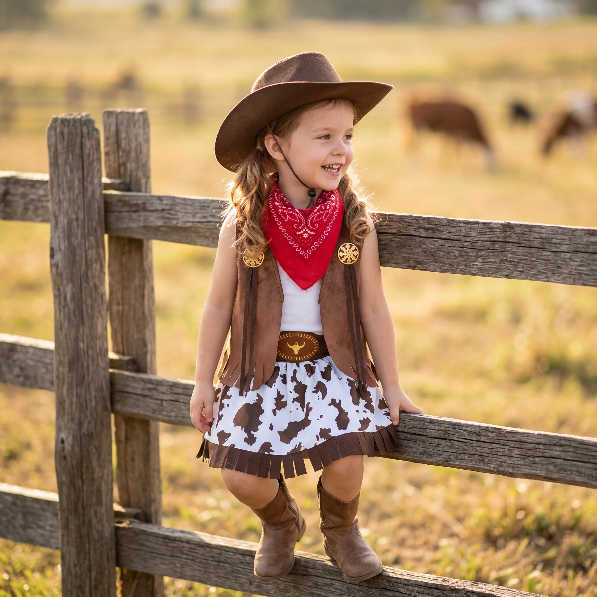 Children Western Role Play Dress Up Set Toddler Girls Fringe Vest and Cow Print Skirt with Hat for Holiday Party