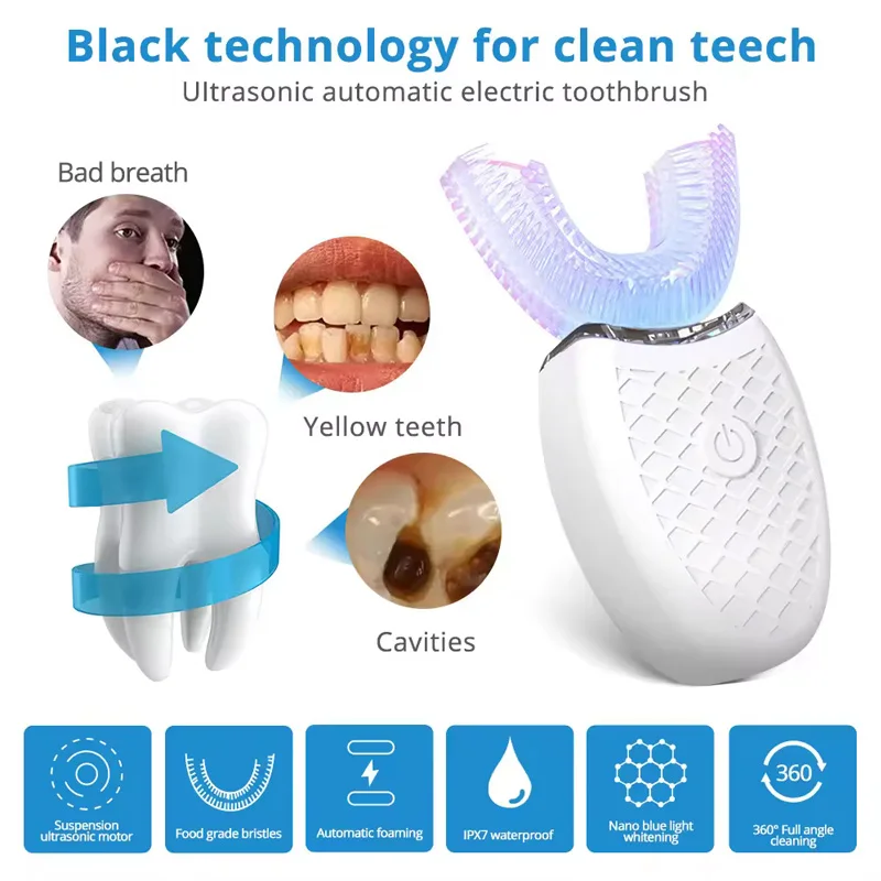 Electric Toothbrush for Adult Automatic USB Charge U-Shaped Sonic Wave Toothbrush 360 Degrees Intelligent Rechargeable Toothbrus