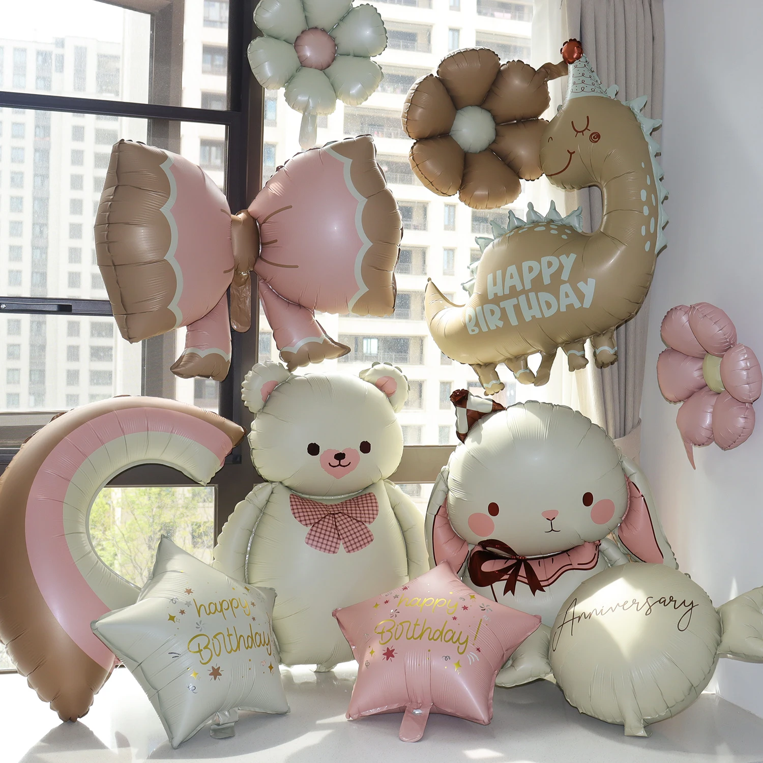 Cute Matte Happy Birthday Animal Foil Balloon Bear Rainbow Bow Dinosaur Balloon Kids Babyshower  Birthday Party Decoration