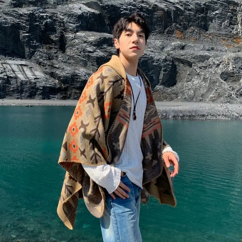 Poncho masculino estilo étnico capa com capuz e cachecol com capuz para fotografia de capa de viagem e presente de agasalhos quentes