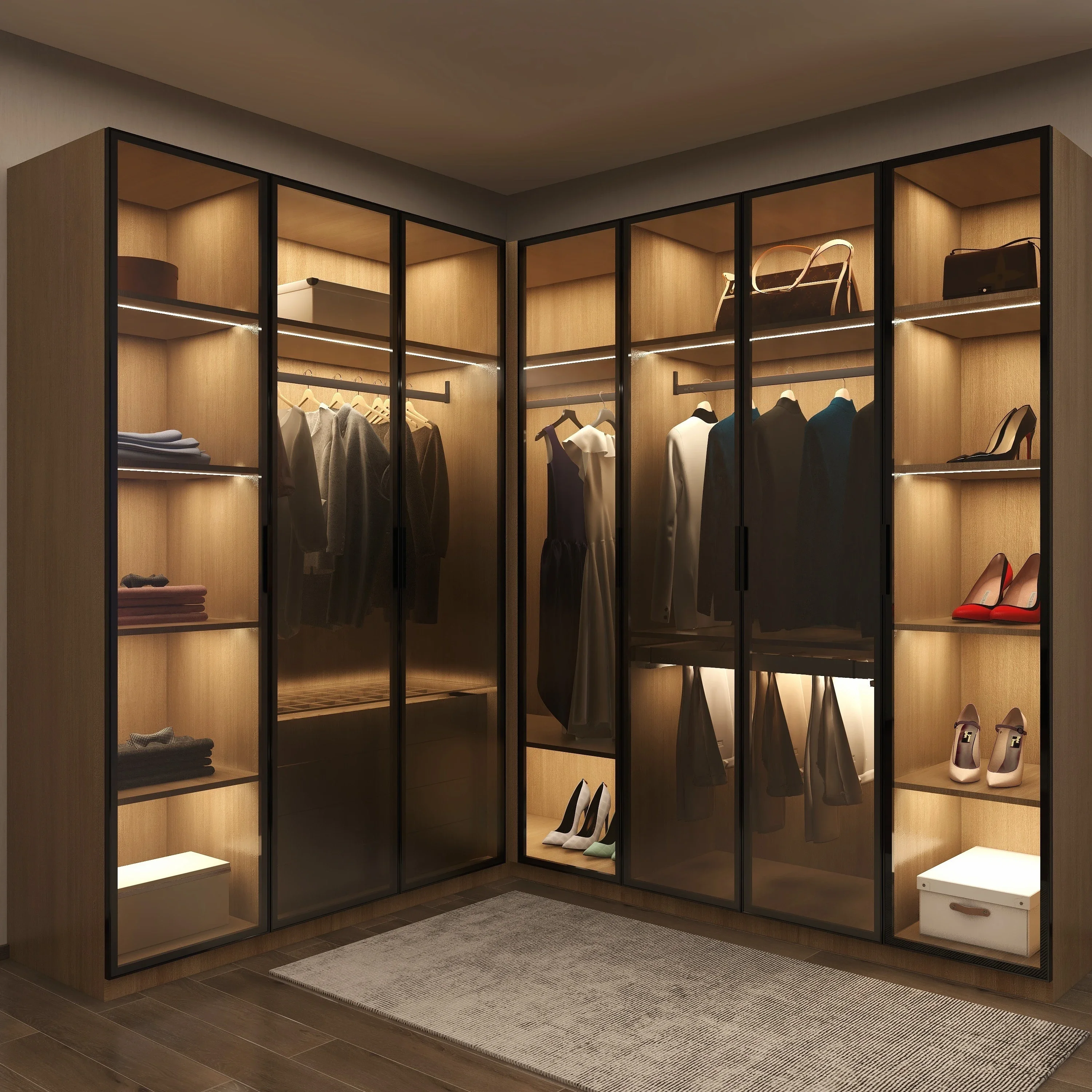 

Bedroom Walk In closet Shape Wooden Wardrobe For Open Cloakroom With LED Light