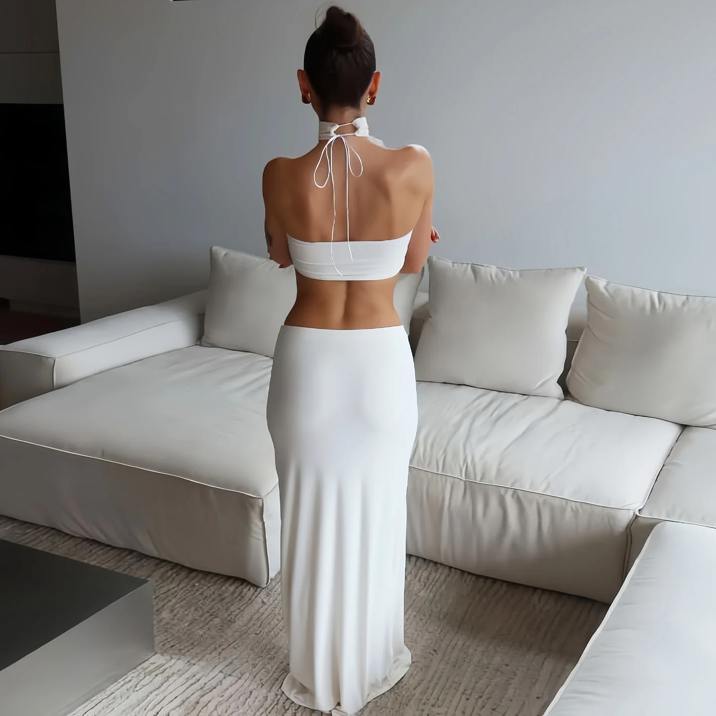 Women White Sexy Slim Waist-baring Set Halter Feather Bandeau Bodycon Mermaid Maxi Dress Sets 2026 Island Vacation Matching Suit