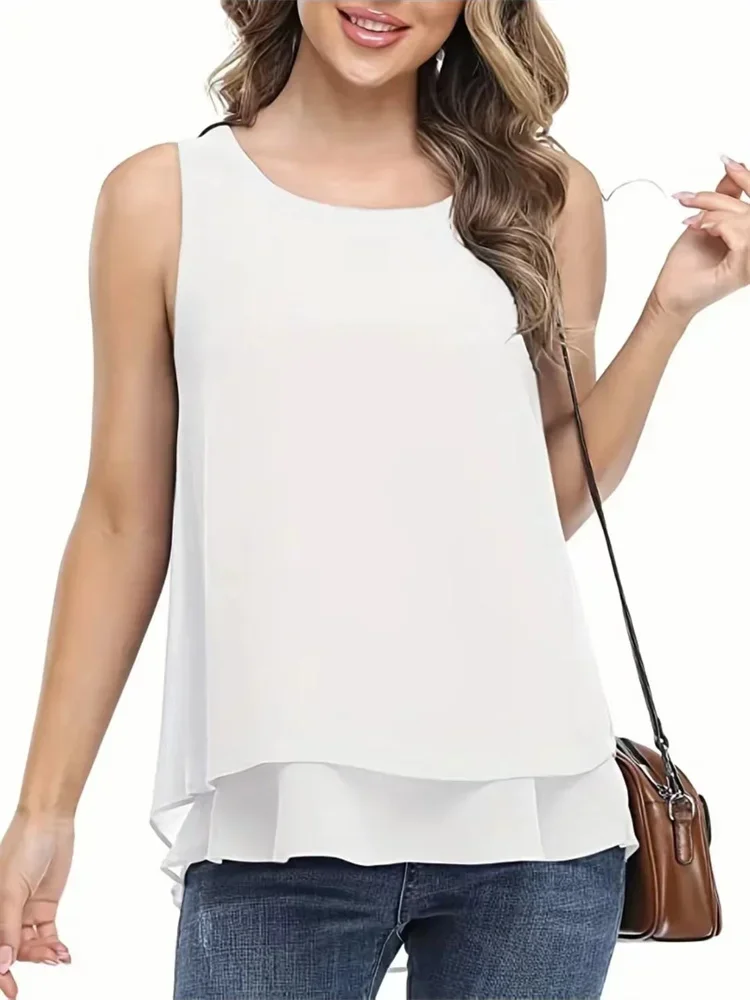 

Women Summer Simple Style Chiffon Blouses Shirts Lady Casual Sleeveless O-Neck Solid Color Double Layer Tank Top