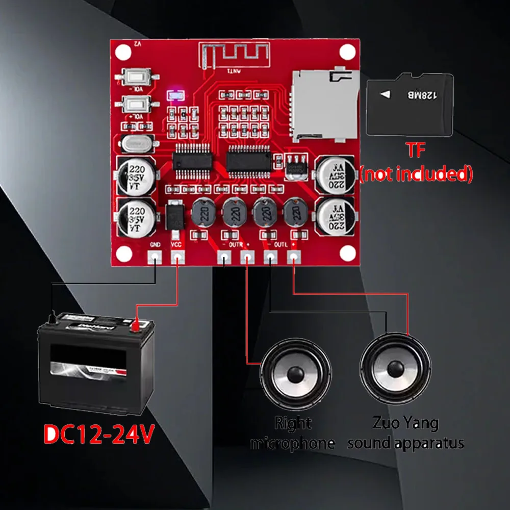 XH-A233 Bluetooth 5.0 Audio Amplifier Board 15Wx2 Stereo Digital Amp Module Support TF Card DC 12-24V