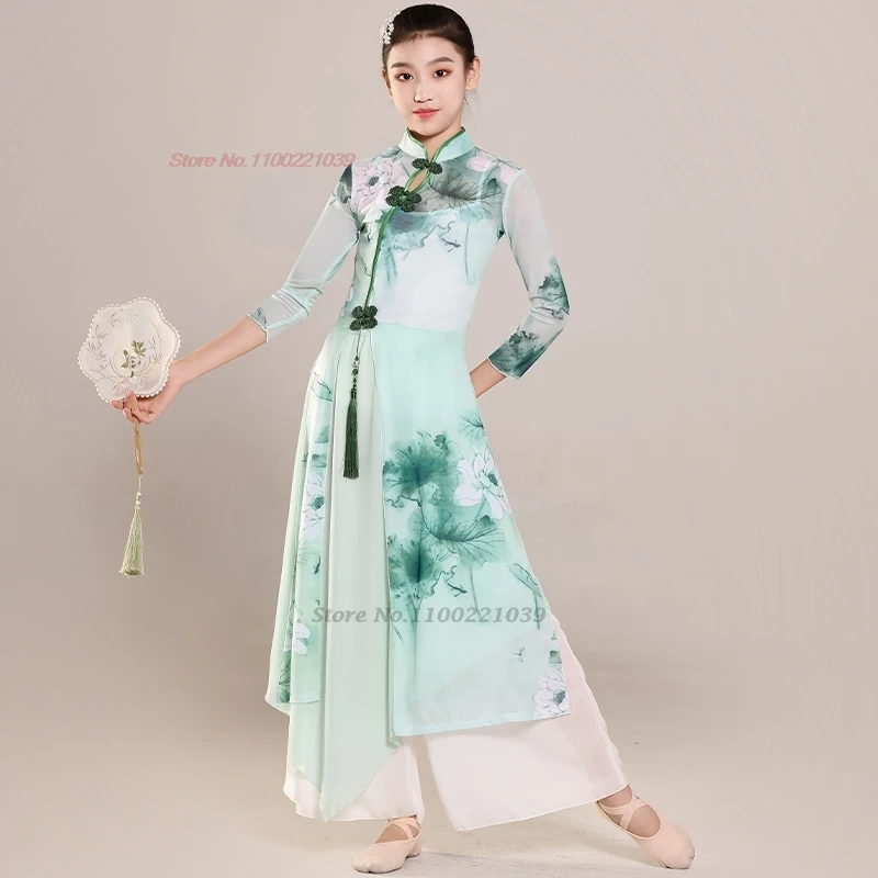 2025 Chinese vintage kinderen volksdans kostuum bloemenprint mesh qipao + broek set vintage jurk podiumvoorstelling kostuum