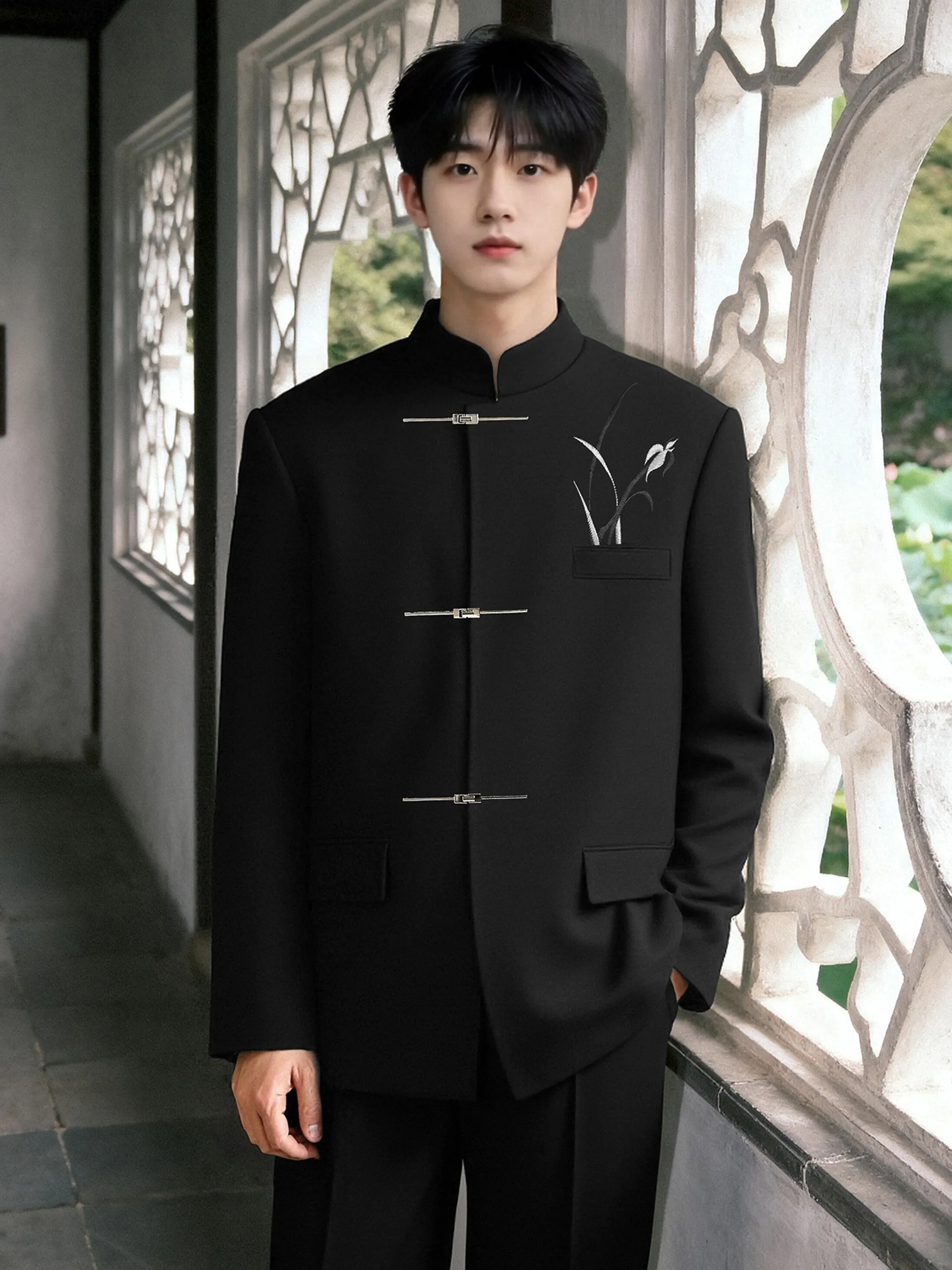 

New Chinese Style Embroidered Stand Collar Wedding Suit for Men Casual Luxury Tang Costume Wedding Ceremony Engagement Suit