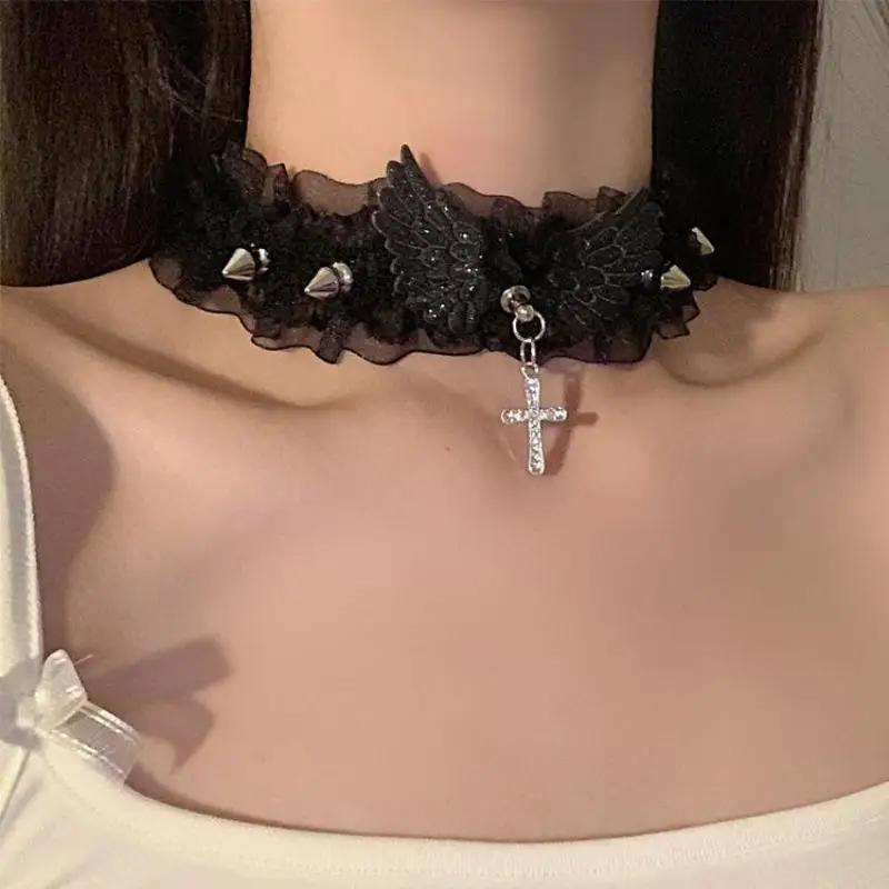 Fashion Women Girls Necklace Solid Color Wide Lace Rivets Lolita Lace Choker Y2K Angel Wings Cool Leather Necklace