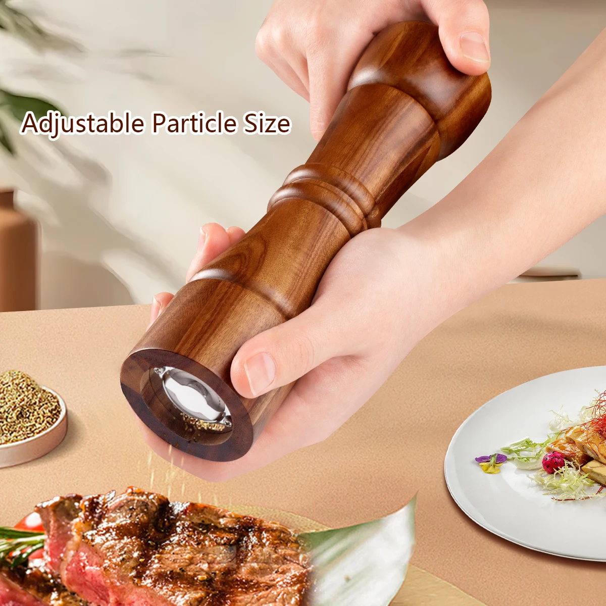 

2 in 1 Manual Pepper and Salt Grinder - Acacia Wood Mill Bottle with Adjustable Coarseness, Leak-Proof Kitchen & Travel Essentia
