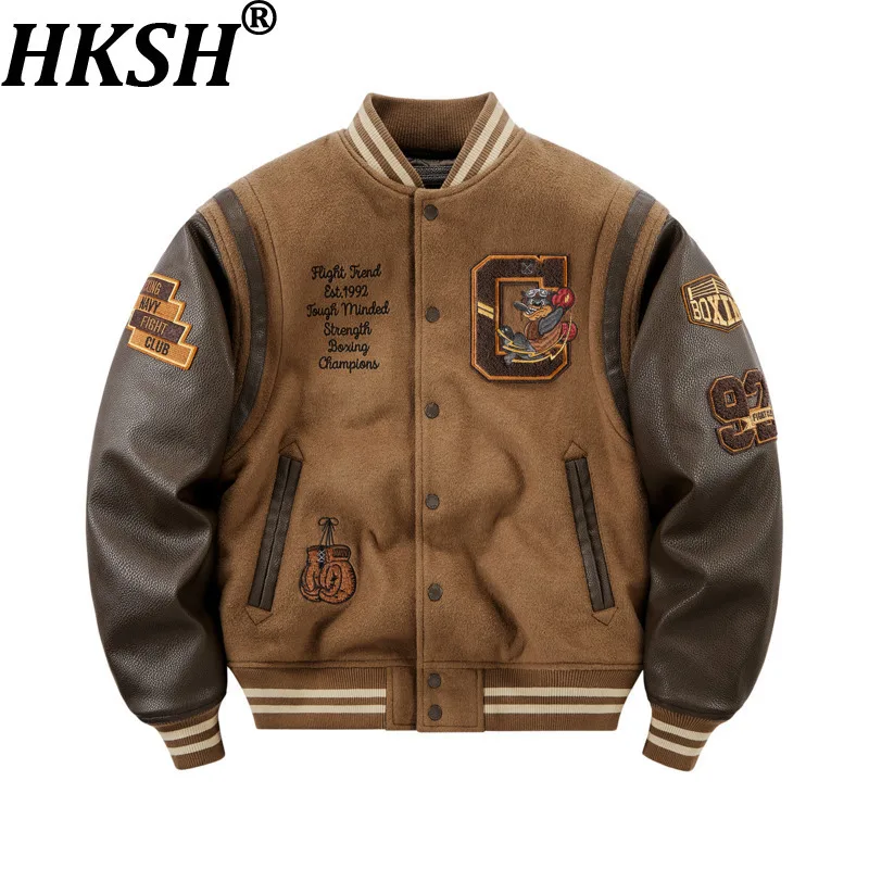 

HKSH Autumn Winter New Men American Retro Embroidered Wool Baseball Jacket Thickened Trendy Patchwork Cotton Padded Coat HK16612