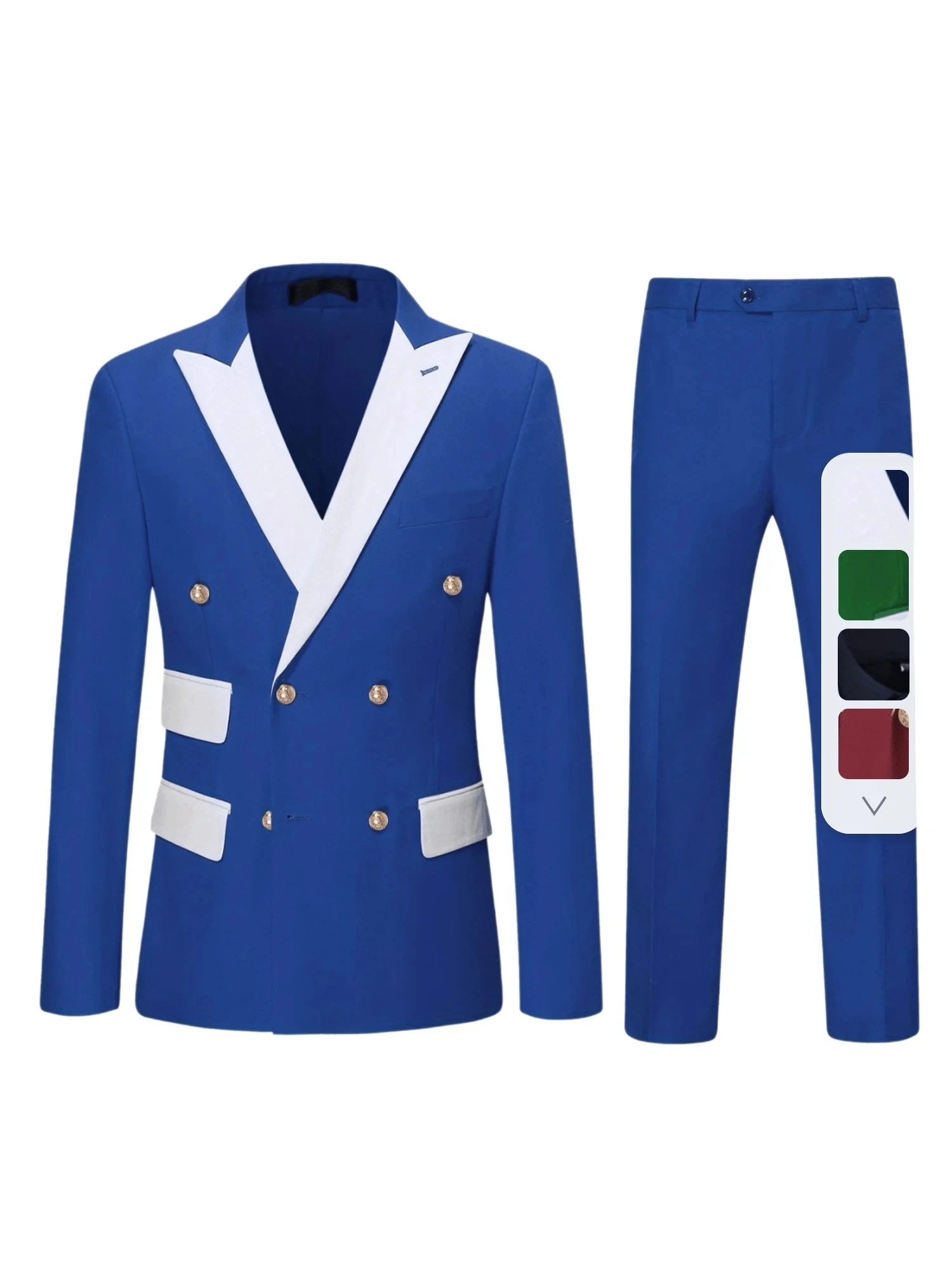 Double Breasted Men Suits Peak Lapel Royal Blue Flat Front Regular Length 2 Piece Jacket Pants Set Prom Party Costume Homme