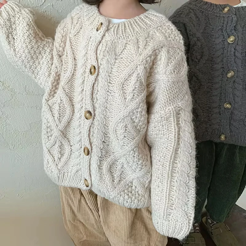 WOOFOO 2-8 Years Girls Knitted Sweater Cardigan Fashion Baby Coarse Wool Hemp Retro Cardigan Boys Coat Kids Clothes