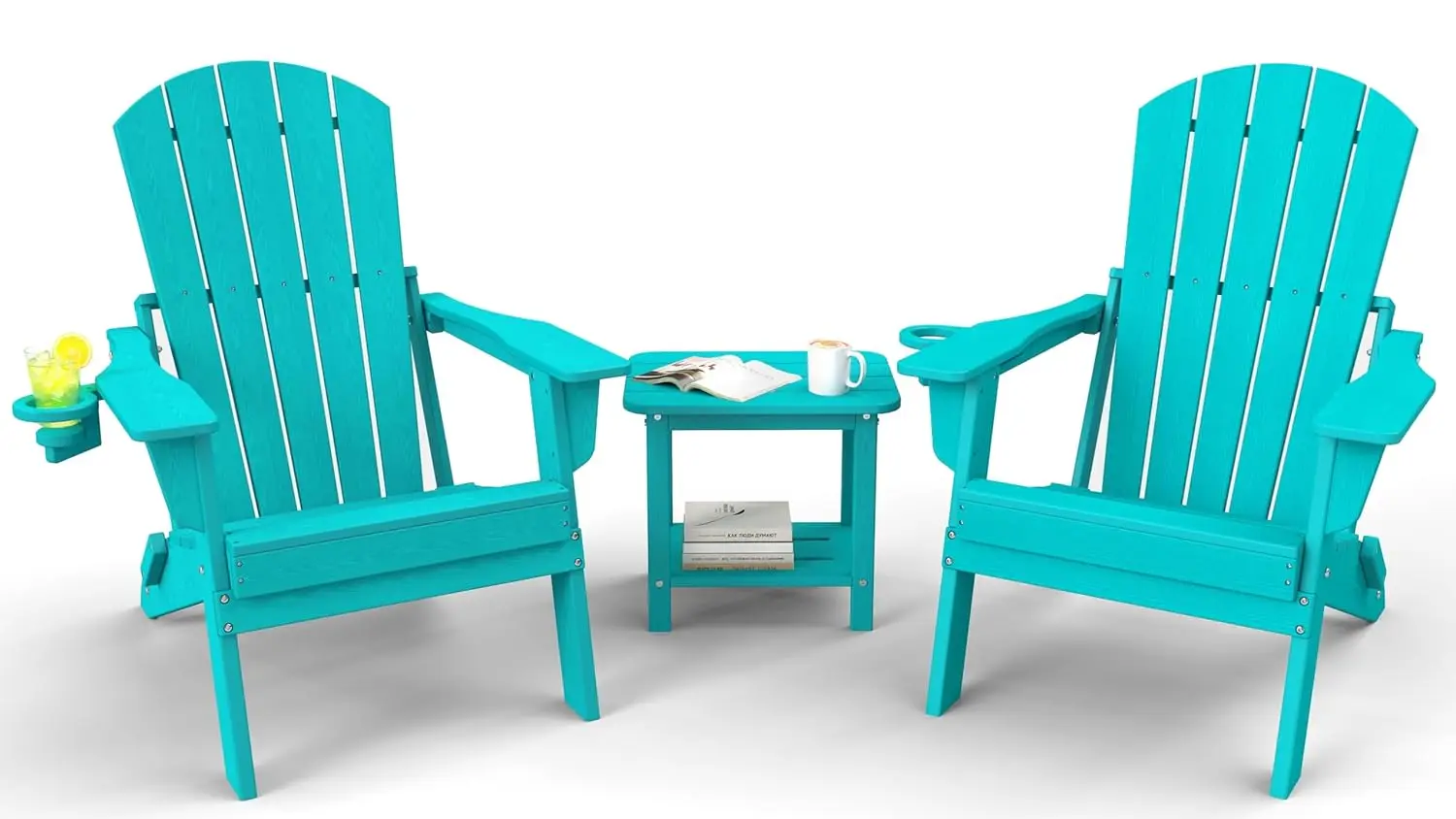 

3-Piece Folding Adirondack Chair Set - 38" Extra Tall Back & Embossed Wood Grain, Oversized HDPE Patio Furniture, Customized