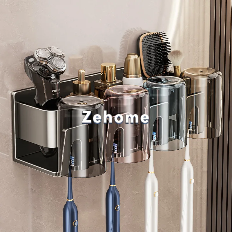 Toothbrush shelf No punching Wall-mounted bathroom Tooth cup Mouthwash cup Toothpaste storage rack Electric toothbrush shelf