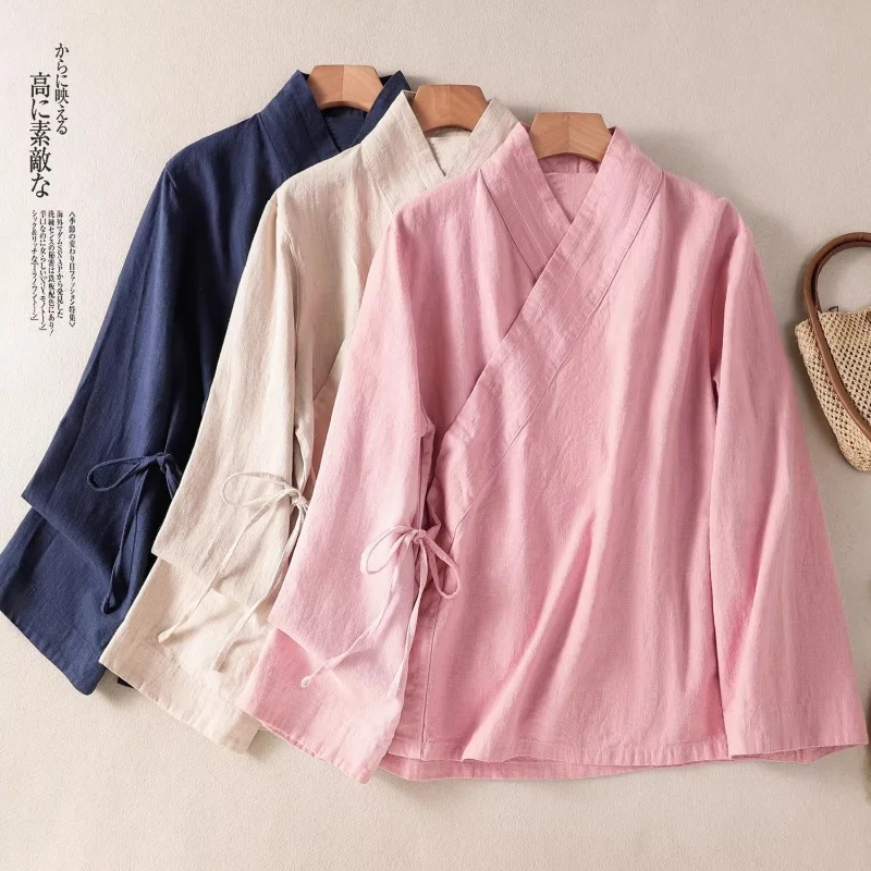 

Zen Style Cotton Linen Top - Slant Breasted Women's Hanfu for Tai Chi, Meditation, Casual Shirt Spring Wear (W2011)