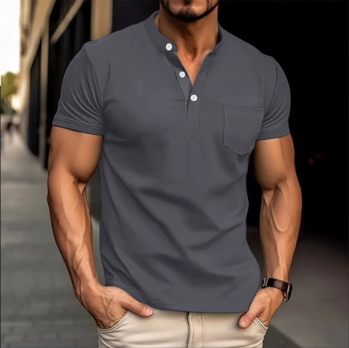 الرجال جديد بولو طوق قميص س الرقبة تي شيرت أزرار قصيرة الأكمام قميص غير رسمي البلوز الصيف 2025 الرياضة المرقعة تقسم فضفاض #4