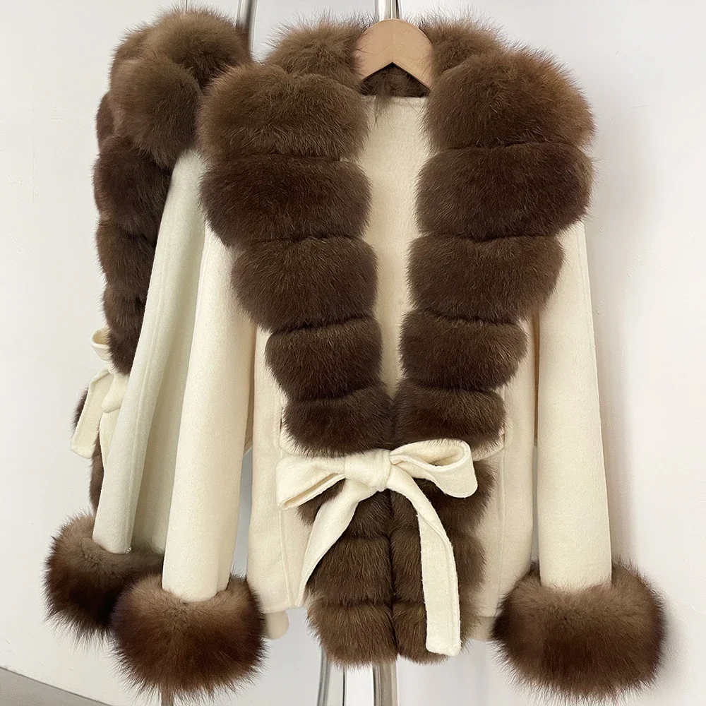 OFTBUY Neue Luxuriöse Warme Winterkleidung mit Natürlichem Fuchsfell Damen 100% Wollmantel mit Gürtel Echter Fuchsfell-Wollmantel für Frauen – Detail 21