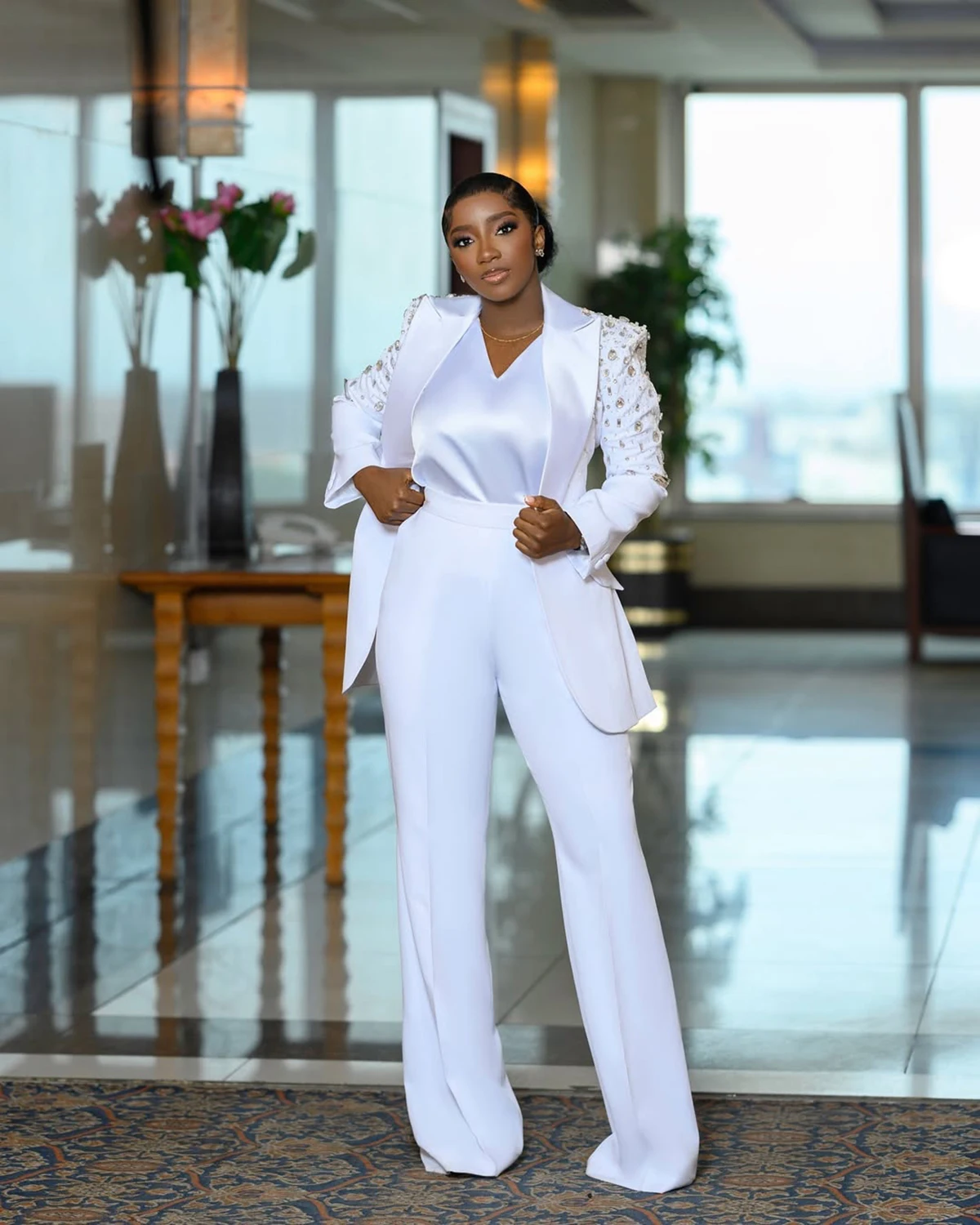 

White Women Suit Set 2 Piece Crystals Blazer+Pant Trousers Formal Office Lady Jacket Wedding Bride Coat Customized