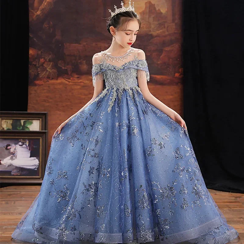 2025 Girl Elegant off Shoulder Dress Fashion Runway Show Luxurious Princess Dresses for Girls Birthday Party Kid Clothes Vestido